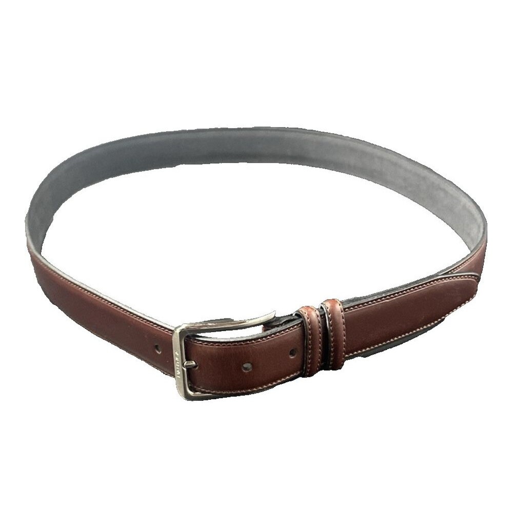 Mens Nautica Dark Brown Leather Belt Silver Buckle Adjustable Belt